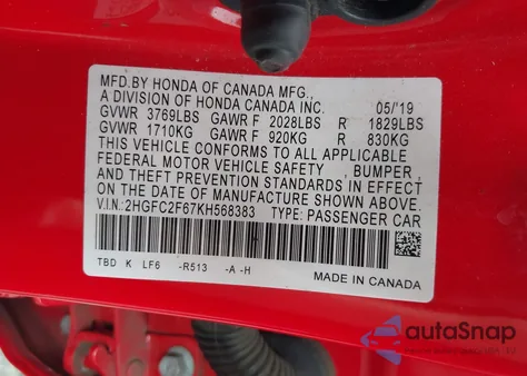 2019 Honda Civic Lx из США, поврежденный, VIN 2HGFC2F67KH568383